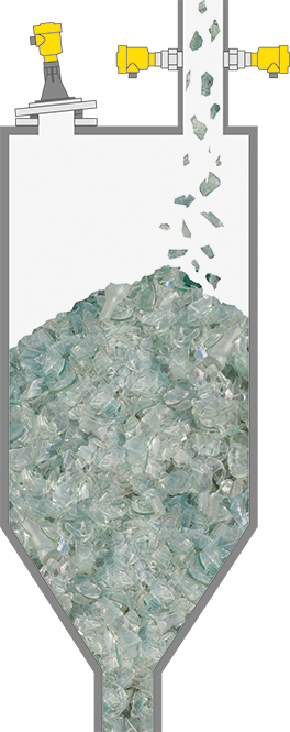 Level measurement and point level detection in the crushed glass, or cullet, silo