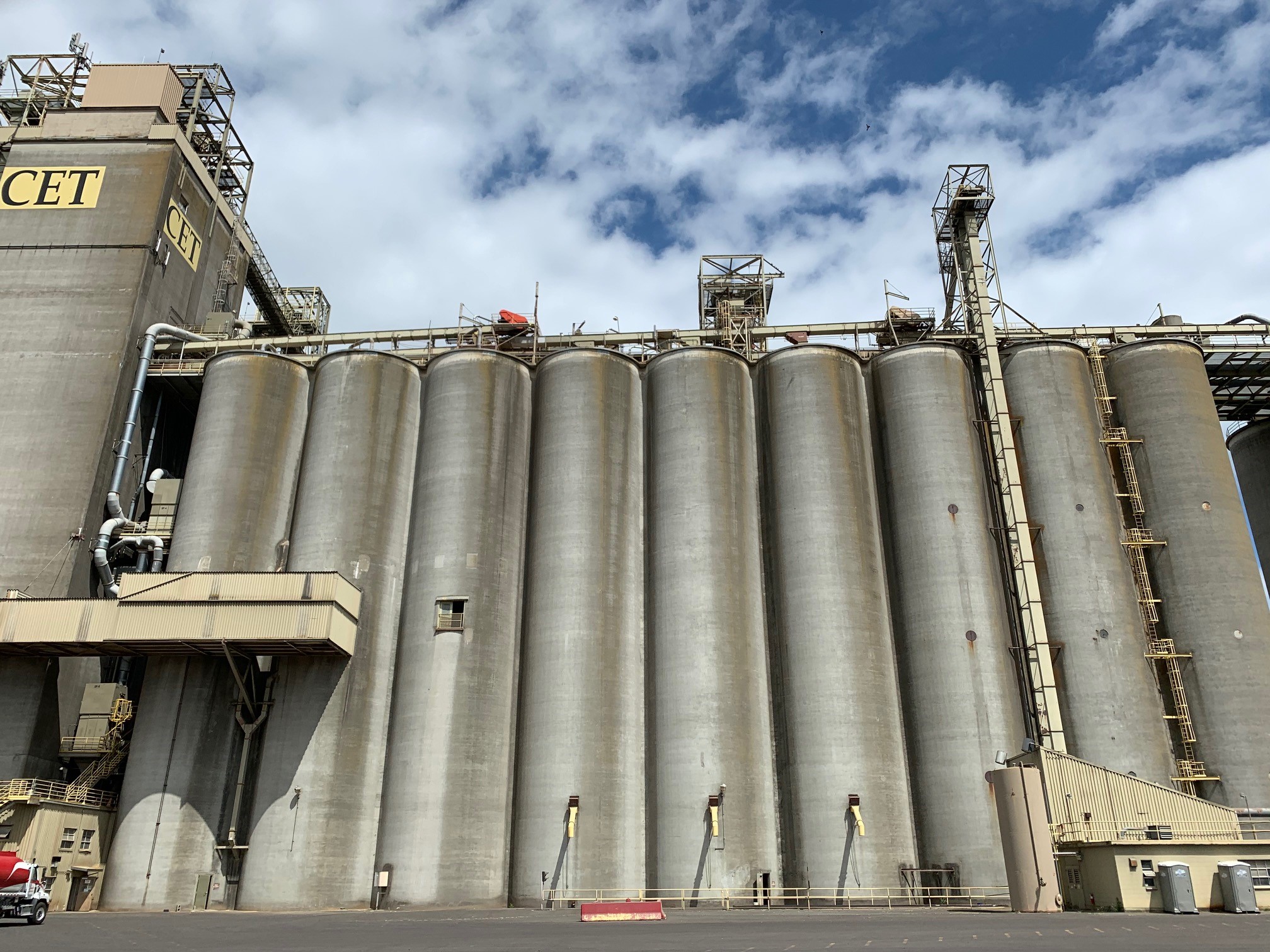 Large grain silos at a grain export facility in the Pacific Northwest.