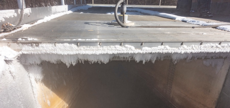 An open channel at the Mankato Water Resource Recovery Facility gets frosty in the winter